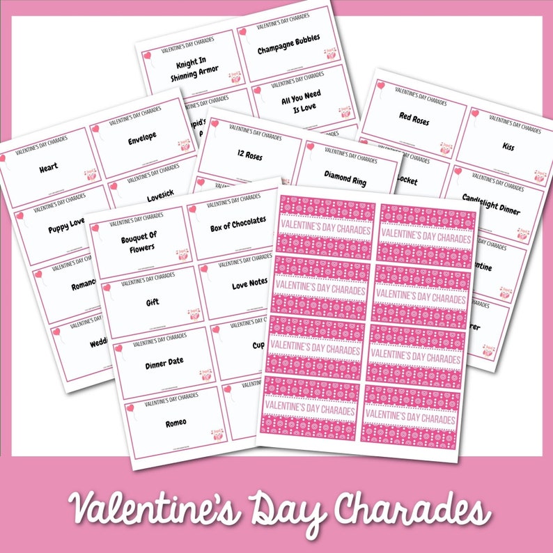 Puede incluir: Un conjunto de tarjetas de juego de charadas para el D&iacute;a de San Valent&iacute;n imprimibles con dise&ntilde;os rosa y blanco. Las tarjetas presentan varios temas del D&iacute;a de San Valent&iacute;n, como "Coraz&oacute;n", "Amor de cachorro", "Burbujas de champ&aacute;n", "Anillo de diamantes" y "Cena a la luz de las velas".