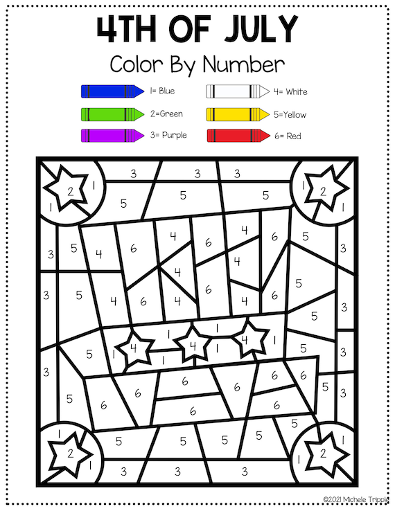 4th of July Color by Number Sheets Are Perfect Activity for Kindergarten,  Color Guide for Kids, Printable 4th of July Themed Coloring Page 