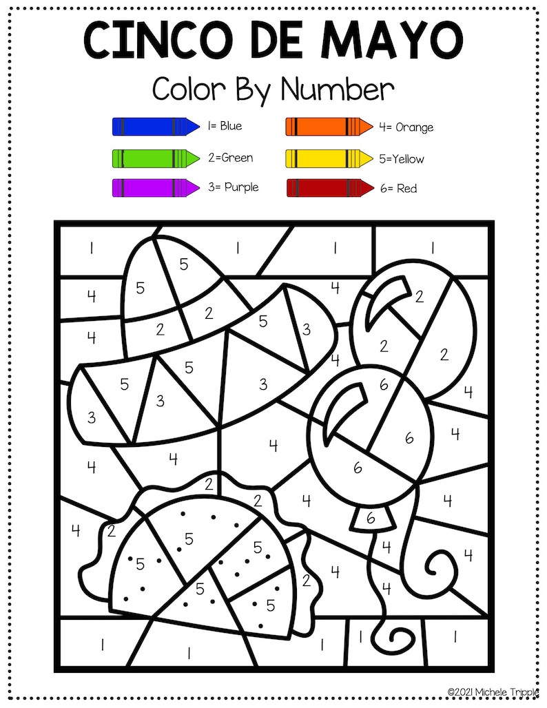Cinco De Mayo Color by Number Sheet Perfect for Kindergarten, Coloring