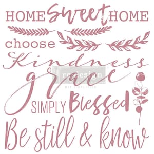 Può includere: Progettazione tipografica rosa e bianca con le parole "HOME Sweet HOME", "choose", "Kindness", "grace", "SIMPLY Blessed" e "Be still & know".