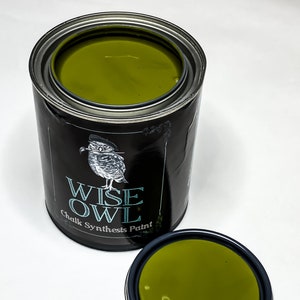 May include: A can of Wise Owl Chalk Synthesis Paint in a deep green color. The can has a black label with a white owl illustration and the brand name.