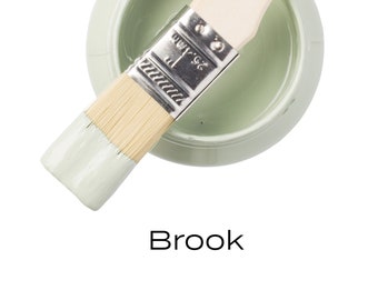 Può includere: Un piccolo barattolo di vernice verde chiaro con un pennello sopra. Il barattolo è etichettato "Fusion Mineral Paint" e il colore è "Brook".