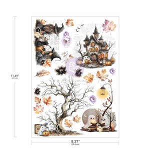 Può includere: Un foglio di trasferimento decorativo a tema Halloween con una casa infestata, fantasmi, zucche e foglie autunnali. Il foglio misura 20,8 cm di larghezza e 29,7 cm di altezza.