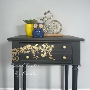 One of a Kind Vintage Side Table – Charcoal Black with Gold Accents