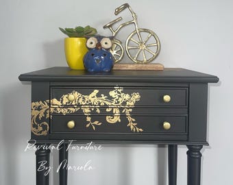 One of a Kind Vintage Side Table – Charcoal Black with Gold Accents