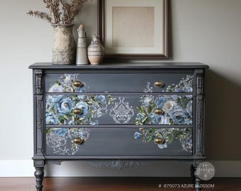 Azure Blooms Decor Transfer: Vintage Floral DIY Furniture Decal