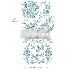 Minty Roses Maxi Transfer - Redesign rub on Transfer - Furniture redesign Transfer - 2 sheets - 12" x 12" teach sheet size, DIY Supplies