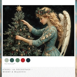 May include: A digital art print depicting a woman with blonde hair and angel wings decorating a Christmas tree. She wears a teal dress with gold accents and a holly wreath. The tree is decorated with gold baubles and a star. The text "MERRY & MAJESTIC" is visible.