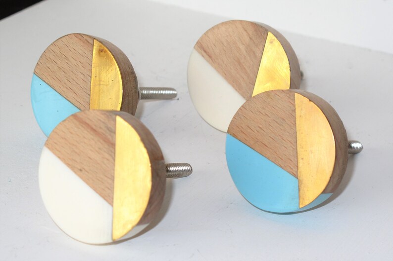 Blue Resin Wood Gold Knob White Resin Wood Gold Decorative Knob Dresser Pull