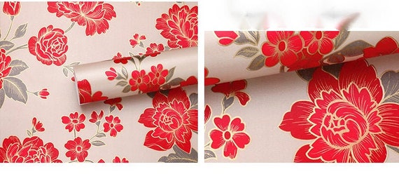 Vintage Red and Gold Peony Self Adhesive Drawer Liner Decor Paper Cupboard  Liner Shelf Liner Peel & Stick 