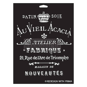 Può includere: Stencil in bianco e nero con il testo "Au Vieil Acacia Atelier Fabrique 21, Rue de l'Arc de Triomphe Magasin de Nouveautés" e una corona sopra il testo.