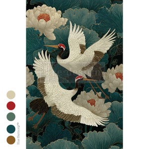 May include: An artistic illustration featuring two white cranes with red crowns and brown wing accents, set against a backdrop of teal lotus leaves and cream-coloured flowers. The artwork has a dark background with gold outlines.