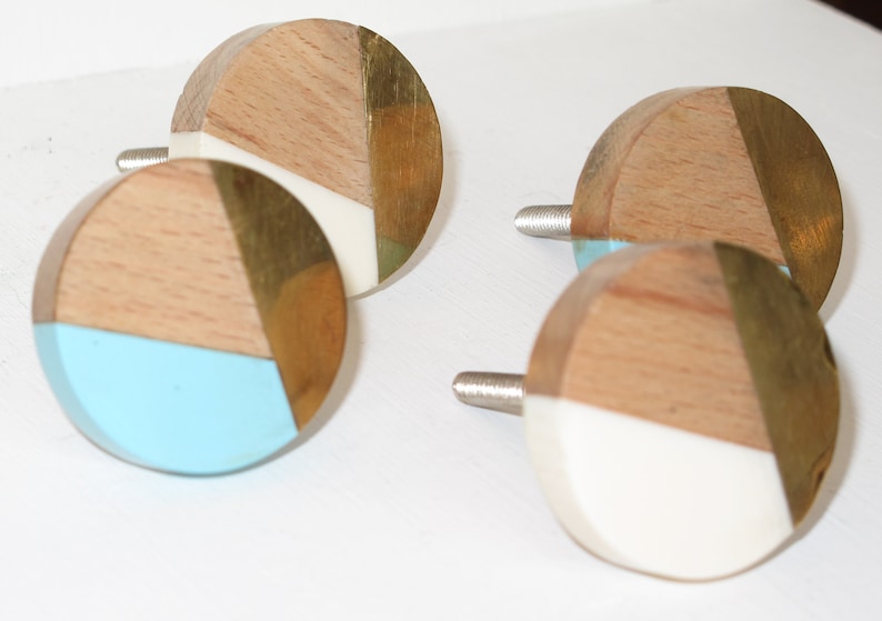Blue Resin Wood Gold Knob White Resin Wood Gold Decorative Knob Dresser Pull