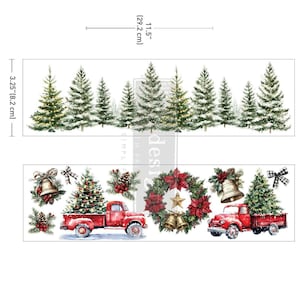 May include: A set of Christmas-themed decals featuring a row of snow-dusted pine trees measuring 11.5 inches by 3.25 inches, alongside illustrations of red pickup trucks carrying trees, bells, pinecones, poinsettia wreaths, and plaid bows.
