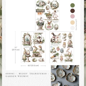 May include: Decorative transfer sheet with Easter-themed illustrations. The sheet measures 27.9 cm tall and 21.5 cm wide, featuring bunnies, eggs, and floral designs. The text "Garden Whimsy" is included. The product is labelled "Middy Transfers®".