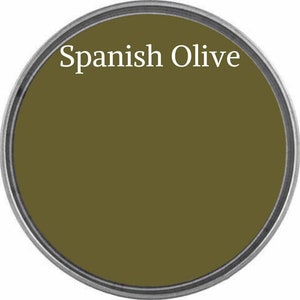 May include: A round paint can lid with the text "Spanish Olive" printed in white on a dark green background.