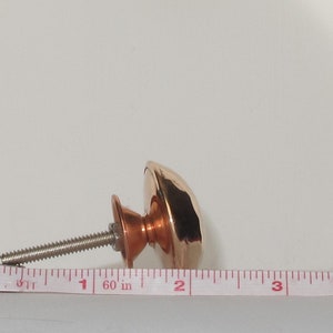 May include: A copper cabinet knob with a rounded, slightly domed top and a screw. The knob is about 1 inch in diameter and is shown next to a ruler.