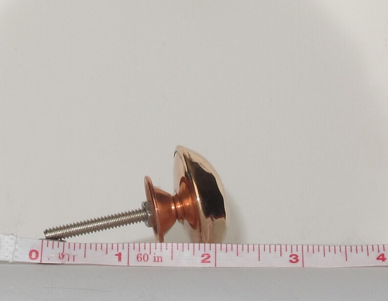 May include: A copper cabinet knob with a rounded, slightly domed top and a screw. The knob is about 1 inch in diameter and is shown next to a ruler.