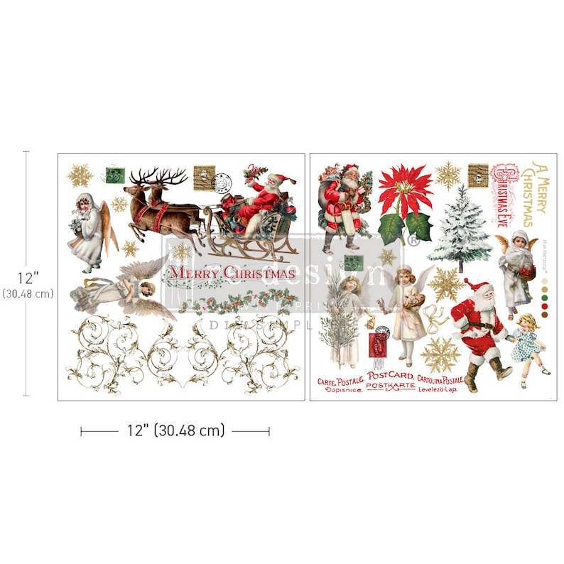 Op de afbeelding: Een vintage kerstthema decoupage vel met afbeeldingen van de kerstman, engelen, rendieren, een kerstboom en een kerstster. Het vel bevat ook de tekst "A Merry Christmas" en "Christmas Eve".