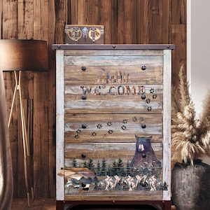 Cabin Getaway - Decor Transfer - redesign large furniture transfer - cut into 2 sheets - 24&quot; x 35&quot;;&#39; DIY Upcycle Decor Transfer