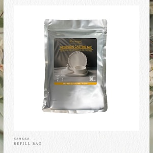 May include: A silver foil bag of casting mix with the text "CASTING MIX" at the top. The bag has a label with the text "REDESIGN CASTING MIX" and images of ceramic pieces. The net weight is 1 kg.