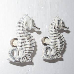 Könnte beinhalten: Zwei schrankknöpfe in Seepferdchenform. Die Knöpfe sind weiß mit dunkelgrauen Streifen und einem Used-Look. Die Seepferdchen sind auf einer silberfarbenen Basis montiert. Diese dekorativen Knöpfe sind ideal für eine Küsten- oder nautische Dekoration.