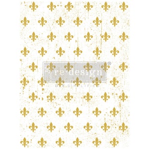 May include: A white background with a repeating pattern of gold fleur-de-lis symbols. The design has a distressed, vintage look with a faded texture. The words "re design" are visible in a rectangular box, along with the phrase "DIY SIMPLIFIED".