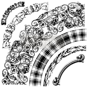 Könnte beinhalten: Schwarz-weiße dekorative Designelemente mit einem karierten Muster. Die Designelemente umfassen florale, geschwungene und geometrische Formen.