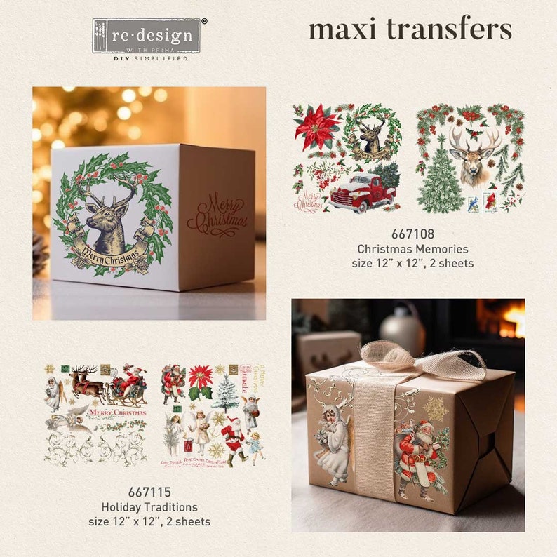 Op de afbeelding: Twee vellen maxi-transferpapier van 30,5 x 30,5 cm voor knutselen. E&eacute;n vel heeft een vintage kerstontwerp met een hert, hulst en de woorden "Merry Christmas". Het andere vel heeft een vintage kerstontwerp met een rode vrachtwagen, een kerstster en de woorden "Merry Christmas".