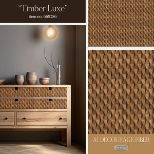 May include: A wooden dresser with four drawers, each drawer front featuring a geometric pattern of raised triangles. The dresser is made of light brown wood and has black drawer pulls. The dresser is in a room with a light brown wall and a light fixture hanging from the ceiling. The text "Timber Luxe" and "item no. 669256" is displayed above the dresser. The text "A1 DECOUPAGE FIBER" is displayed below the dresser.