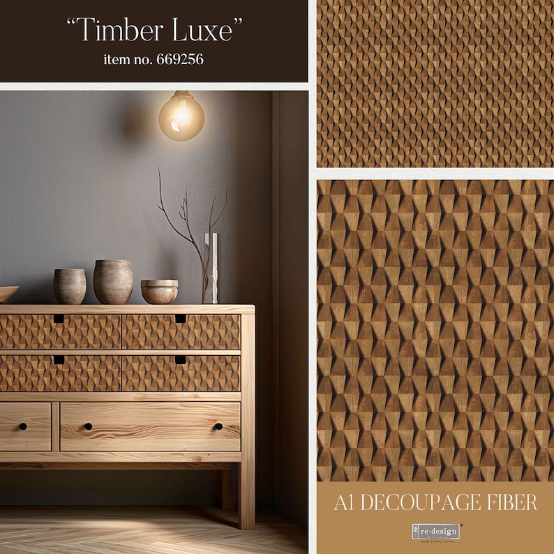 May include: A wooden dresser with four drawers, each drawer front featuring a geometric pattern of raised triangles. The dresser is made of light brown wood and has black drawer pulls. The dresser is in a room with a light brown wall and a light fixture hanging from the ceiling. The text "Timber Luxe" and "item no. 669256" is displayed above the dresser. The text "A1 DECOUPAGE FIBER" is displayed below the dresser.