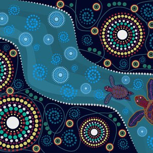 May include: Abstract art print featuring two stylized turtles swimming in a blue river with a black background. The turtles and river are made up of colorful dots.