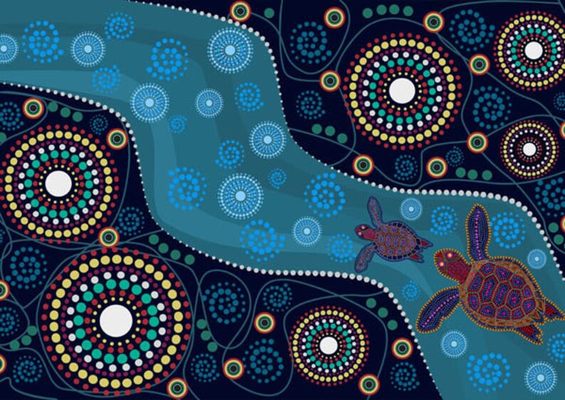 May include: Abstract art print featuring two stylized turtles swimming in a blue river with a black background. The turtles and river are made up of colorful dots.