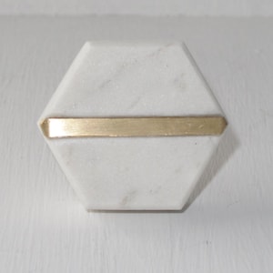 Hexagon Natural Stone Knob: White Marble with Gold Accent