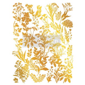 Peut inclure: Une collection de silhouettes botaniques dorées représentant diverses fleurs sauvages, herbes et tiges feuillues disposées en un motif dense. Le design comprend un filigrane de texte semi-transparent centré au milieu de l'image.