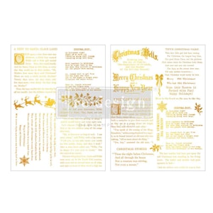 Può includere: Un foglio di trasferibili color oro con testi e illustrazioni a tema natalizio. I disegni includono frasi come A Visit to Santa Claus Land, Christmas Bells e Merry Christmas, insieme a icone di renne, fiocchi di neve e fiocchi.
