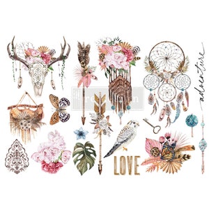 May include: A set of 15 watercolour illustrations featuring a bohemian theme. The illustrations include a skull with antlers, dreamcatchers, arrows, flowers, butterflies, a bird, a key, and the word "LOVE".