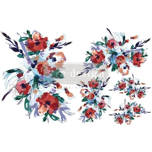 May include: Five watercolor floral bouquets with red, pink, and blue flowers on a white background. The bouquets are arranged in a scattered pattern.