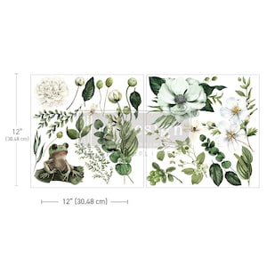 May include: A set of 12-inch by 12-inch watercolor decals featuring white flowers, green leaves, and a frog. The decals are perfect for adding a touch of nature to any project.