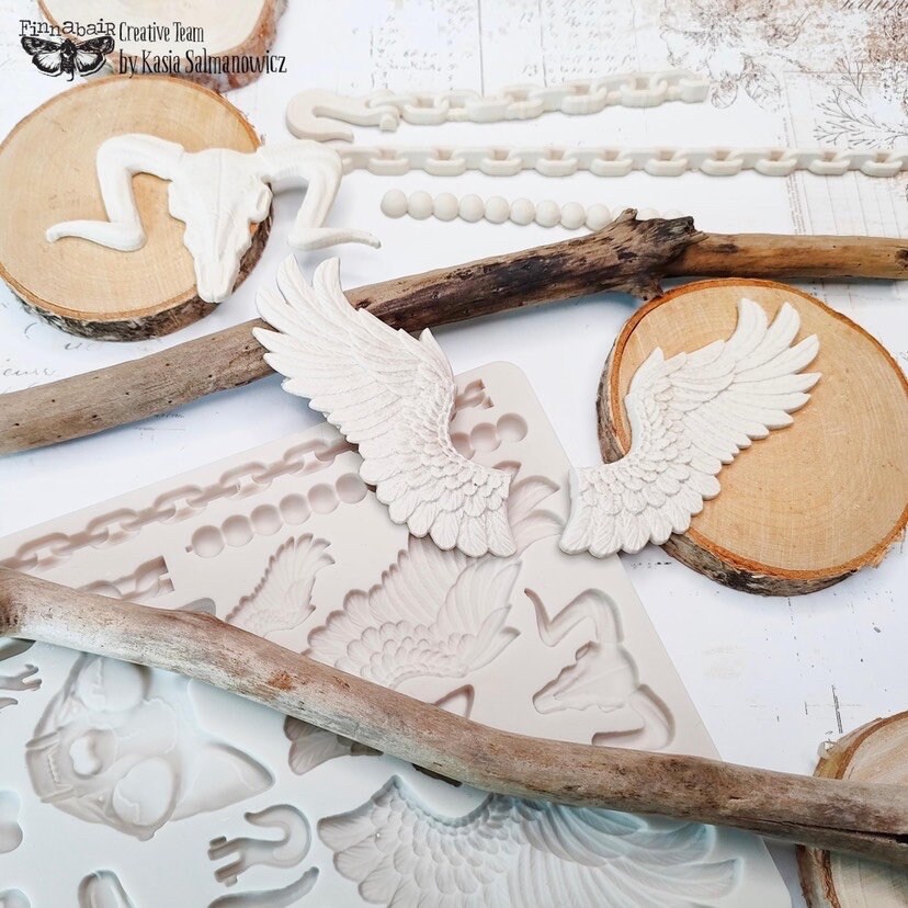 【新品】Finnabair 5x8インチシリコンモールド (Love Machi Finnabair Underworld デコレーションモールド：頭蓋骨、骨、翼 - 5