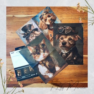 Papier fibre pour découpage Prima – Ensemble de 3 feuilles A3 pour animaux de compagnie préférés | Chiens et chats steampunk