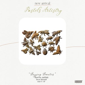 May include: A selection of bronze-toned insect-shaped decorative moulds, featuring bees, beetles, and butterflies. The product is labelled "Buzzing Beauties" and measures 13 cm by 20 cm.