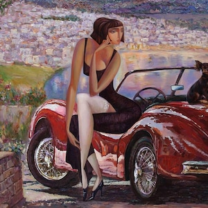 Dame dans une voiture rouge A1 - Papier de découpage neuf par Michelle - Papier d'art pour meubles artisan - Papiers de découpage pour meubles