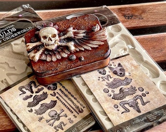 【新品】Finnabair 5x8インチシリコンモールド (Love Machi Finnabair Underworld デコレーションモールド：頭蓋骨、骨、翼 - 5