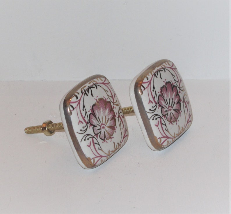 Decorative Furniture Pulls Square Ceramic Flower Pulls Gold Accent Knob