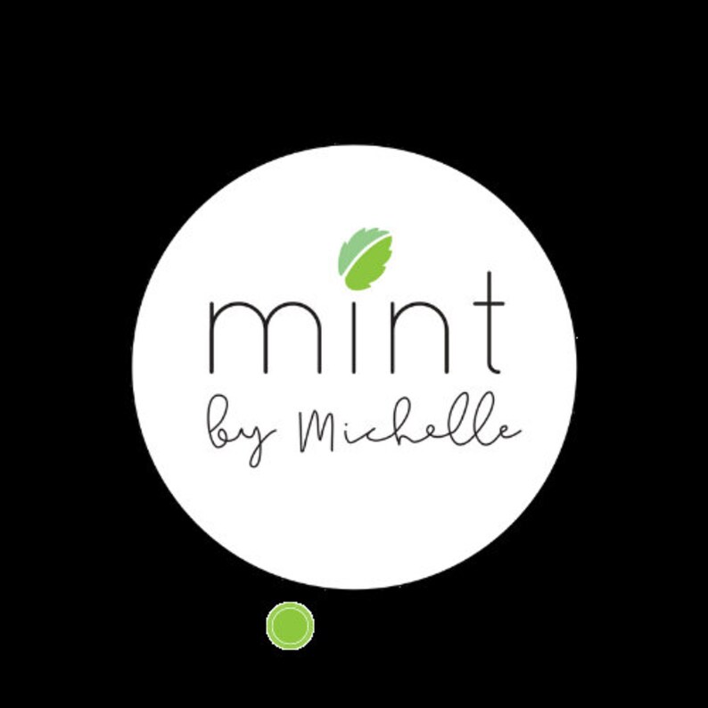 May include: A white circle with the text "mint by Michelle" in black script font. A green leaf icon is above the text.