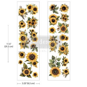 May include: Two vertical sheets of sunflower decals featuring various sizes of yellow flowers with dark brown centers and green leaves. The sheets measure 11.5 inches by 3.25 inches. The design includes clusters of sunflowers and individual blooms.