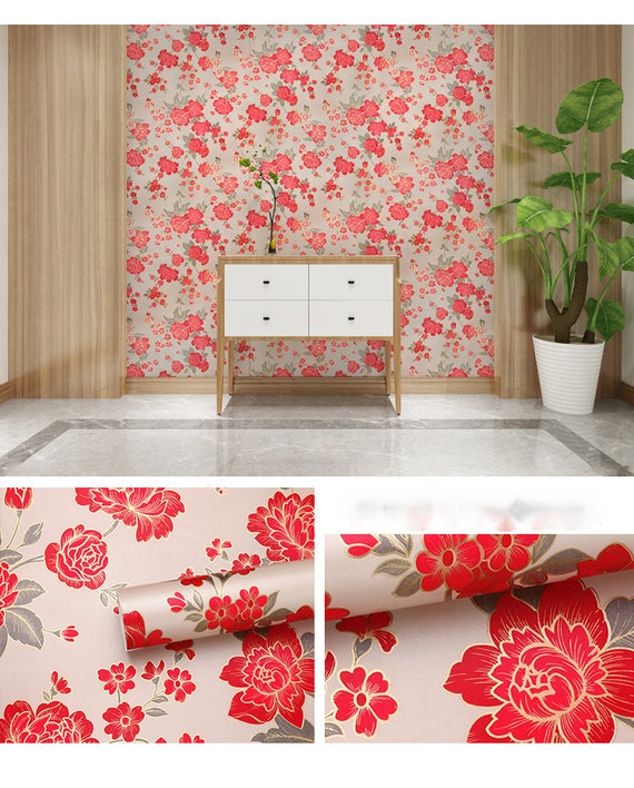 Vintage Red and Gold Peony Self Adhesive Drawer Liner Decor Paper Cupboard  Liner Shelf Liner Peel & Stick 