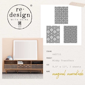 Può includere: Tre fogli di trasferimento per mobili con motivi in bianco e nero. I fogli misurano 8,5 pollici per 11 pollici. Il prodotto si chiama "Middy Transfers" e il design si chiama "magical marrakesh".