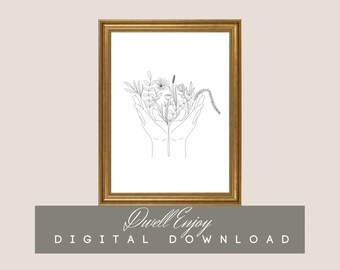 Floral Line Drawing, Line Drawn Hands, Abstract Hand, Flower Drawing, Spring Print,  Flower Printable, Minimalist Printable wall Art